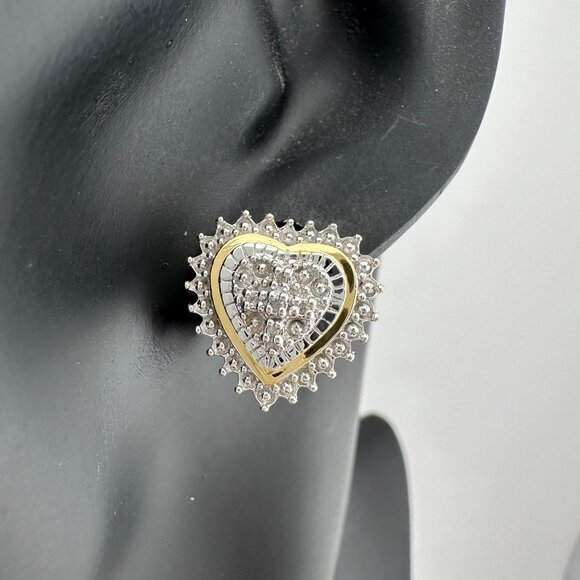 Two Tone Diamond Heart Stud Earrings in Sterling with 14 kt Gold Overlay - Picture 15 of 15